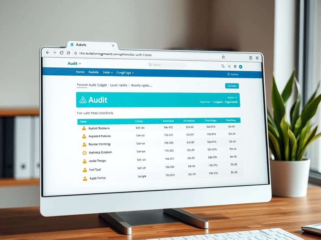 Open browser window showing an audit results page with checkmarks and warnings, on a wooden desk.
