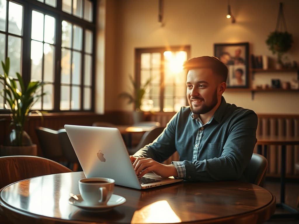 Small-business owner at a laptop in a sunlit café, browser open to a SiteGuardian tab.