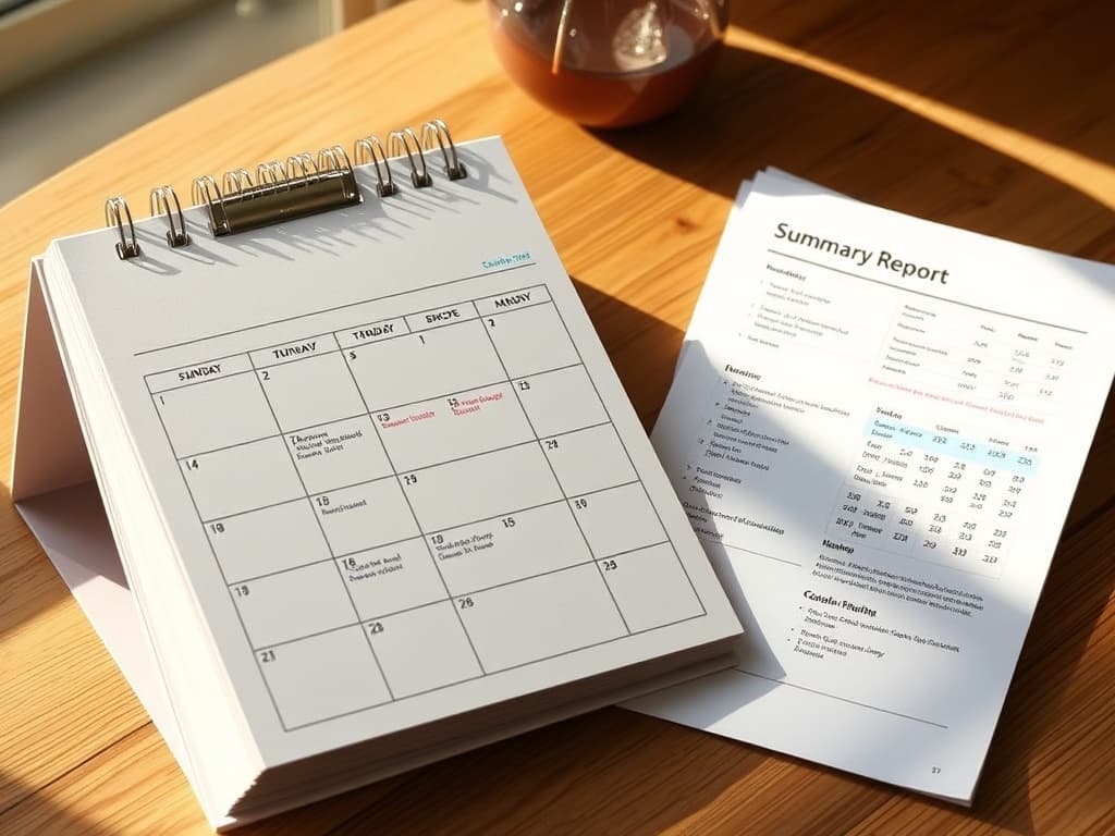 Open calendar and a printed weekly health summary on a tidy desk, lit by warm morning light.
